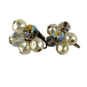 Vintage Faux Pearl & Crystal Beaded Cluster Clip-On Earrings Women MCM